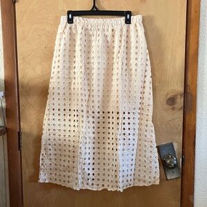Elegant Cream Eyelet Midi Skirt